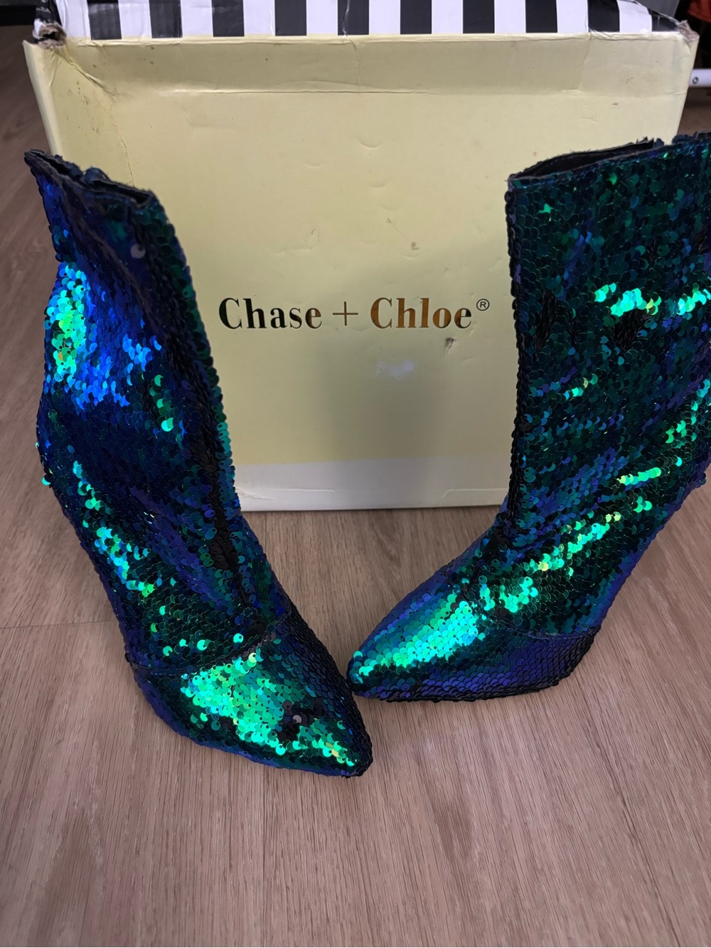 Chase + Chloe Blue Green Sequin Pointed Toe Stiletto Boots